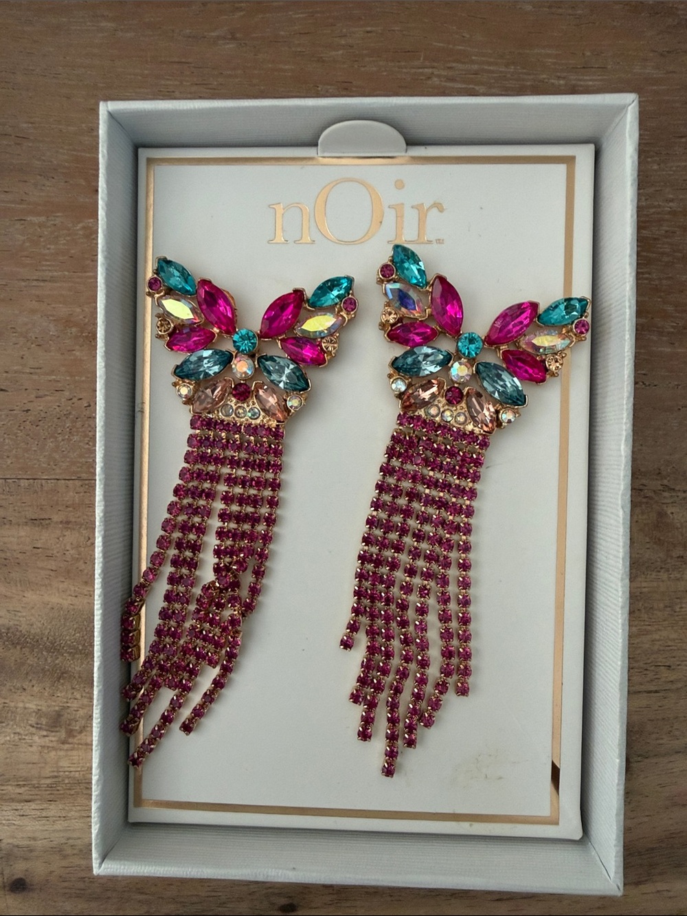 nOir | Jewelry Pink and Teal Crystal Fringe Statement Earrings | NWT